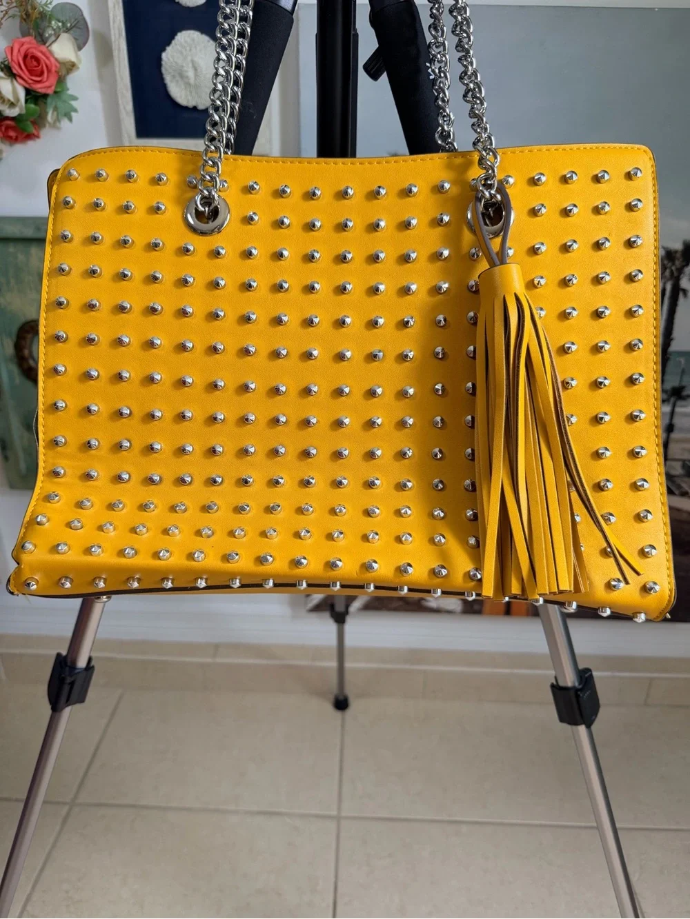 Carlos Santana Yellow Studded Shoulder Bag with Tassel
